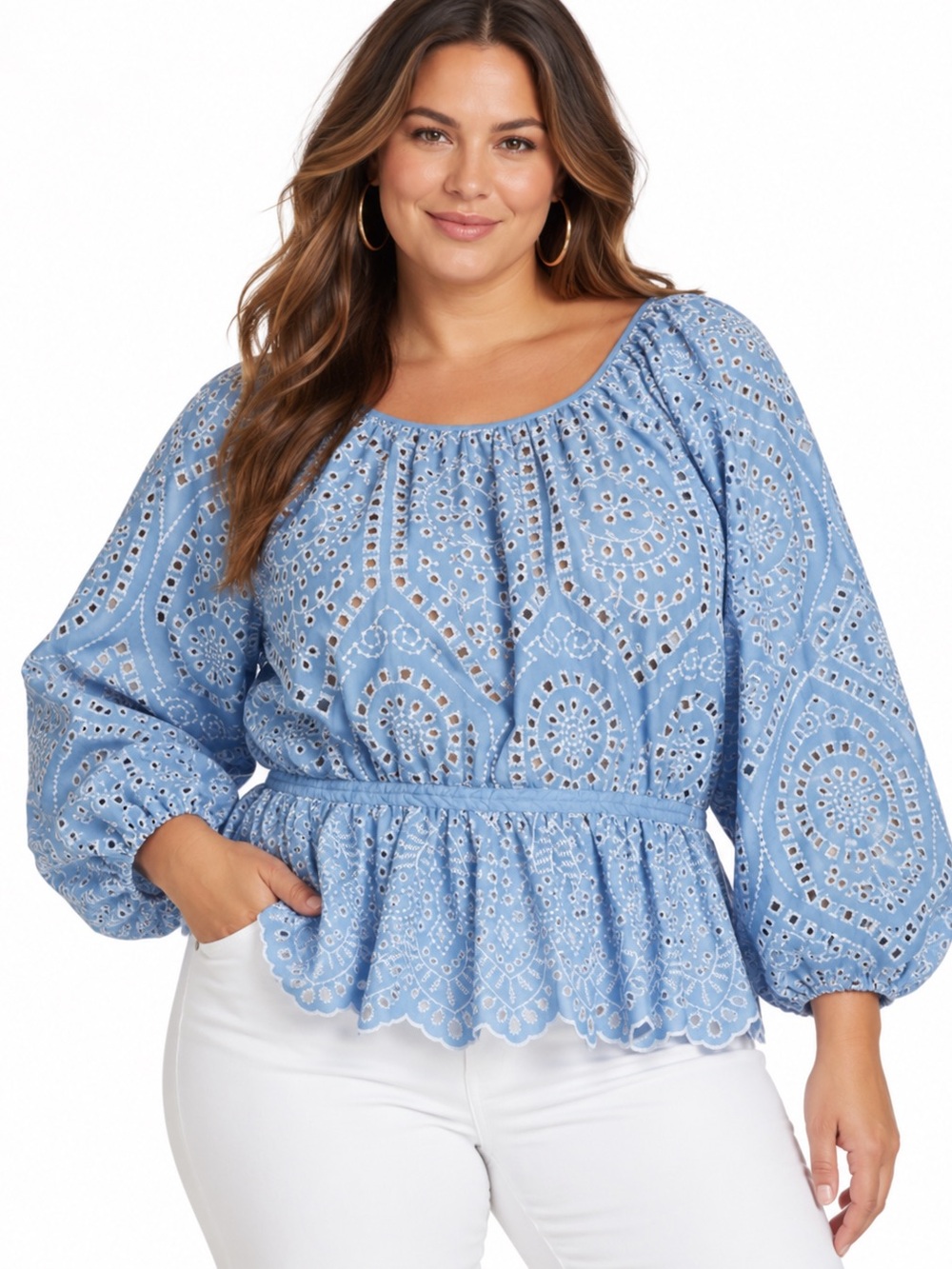 Elie Tahari Blue Eyelet Peasant Peplum Blouse - Women's XL